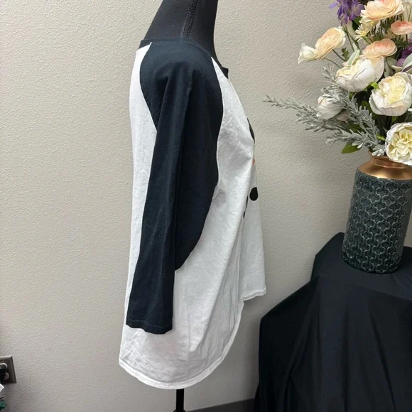 Cute Snowman Face Baseball Tee Black White Holiday Graphic Top Winter Fun - Picture 4 of 5